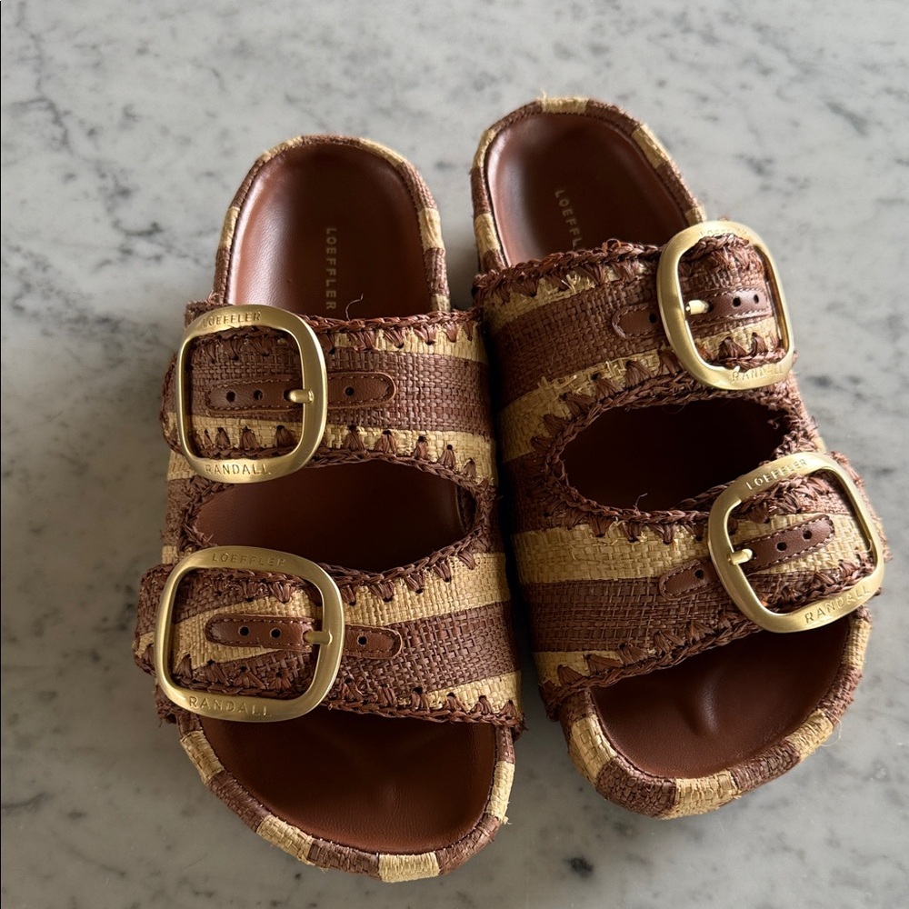 Loeffler Randall Brown and Tan Striped Buckle Slide Sandals